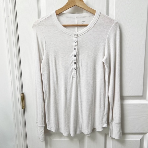 Aerie Long Sleeve Ribbed Henley Top in White - Picture 1 of 5